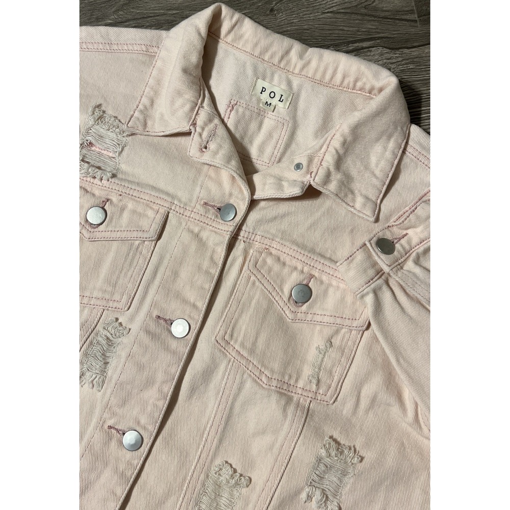 POL Pink Blush Distressed/Destructed Long Sleeve Denim Jean Jacket Size Medium
